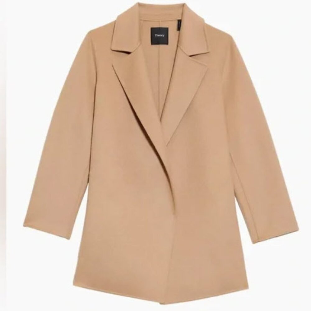 NWT Theory Clairene Chevron Wool Coat Women's Palomino Open Front Long Sleeve S